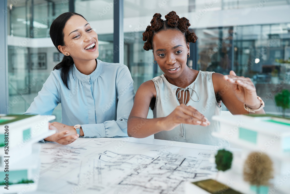 Aufkleber Industrial engineer or architect planning building model design project in an architecture firm. Creative woman designer working on a 3d illustration and blueprint on paper on a desk with teamwork