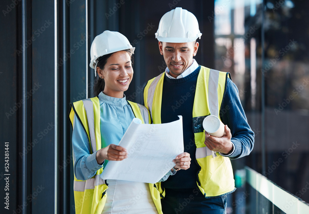 Poster Architect, construction engineers and builder partners with building blueprints planning together. Contractor colleagues in collaboration on development of engineering design plans for future project