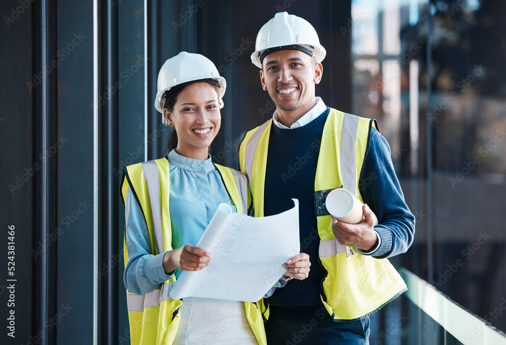 Aufkleber Construction, engineering and building with a contractor, maintenance worker and technician working together as a team on a development site. Engineer and builder looking at plans or blueprints