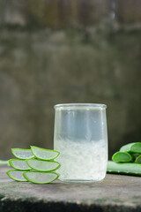 Fresh Aloe vera juice, Fresh Aloe vera water, Fresh Aloe vera Drink (Aloe barbadensis Mill.,Star cactus, Aloe, Aloin, Jafferabad or Barbados) .