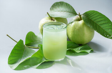 Guava juice and fresh Guava, Fresh Guava drink on white background, high Vitamin C.