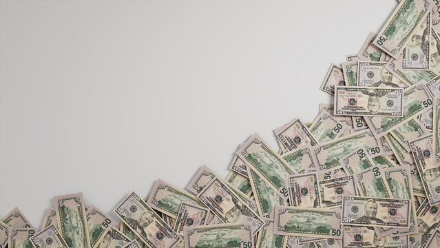 Fifty Dollar Bills Border on White Surface. Savings Wallpaper with copy-space.