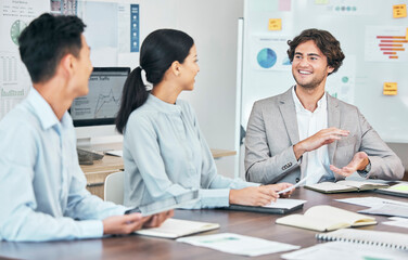 Meeting, marketing vision and kpi performance data for diverse team of talking creative agents to plan ideas or strategy. Motivated, inspired or ambitious group preparing or analyzing google ads post