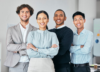 Businesspeople, team or group of young professionals, staff or interns in unity at office. Portrait...
