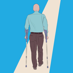 Older man walking away on crutches, formally dressed.