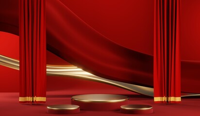 3D rendering of blank product background for cream cosmetics Modern red podium background