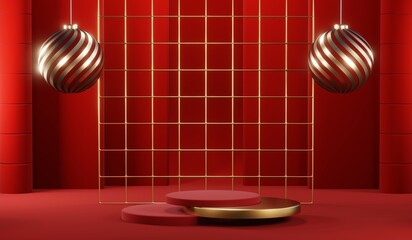 3D rendering of blank product background for cream cosmetics Modern red podium background