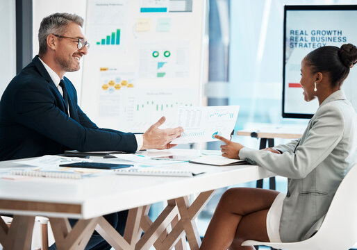 Business analyst, financial advisor and stock trader planning strategy, report and idea with graph, data and information during meeting in office. Stats from marketing, finance and economy research - Powered by Adobe