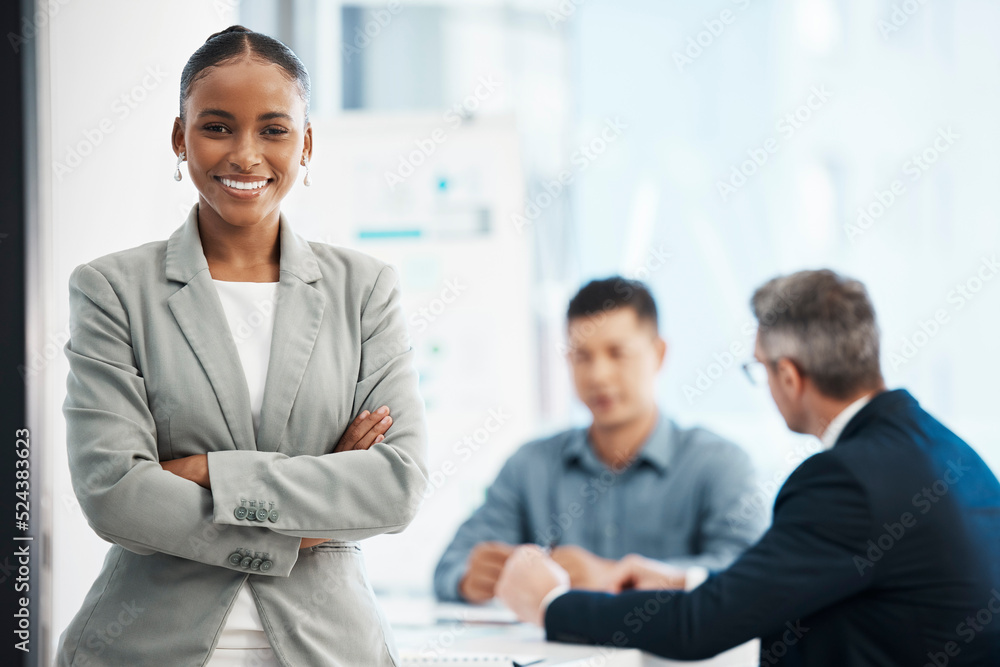 Wall mural Assistant, intern andor training business woman looking proud, confident and motivated before a boardroom team meeting. Portrait of powerful, ambitious and inspired office corporate with arms crossed