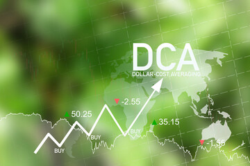 DCA, Dollar Cost Averaging. DCA stock investment idea. Buy stocks for the same amount every...