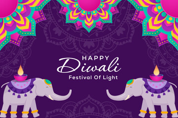 happy Diwali festival illustration with ornament and two elephant
