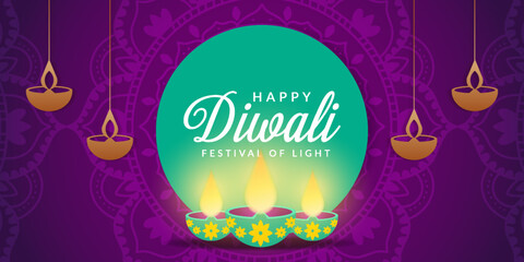 happy diwali in purple background and with rangoli brighten up