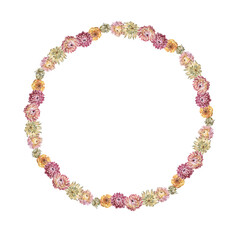 Watercolor boho wreath isolated on white background. Circle frame border template for design. Dry flower pink chrysanthemum for wedding. Hand-drawn summer autumn plant. Clipart with copy space