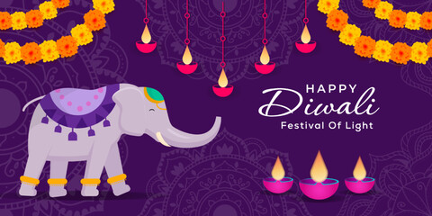 diwali festival illustration banner with a elephant, flowers, and diya