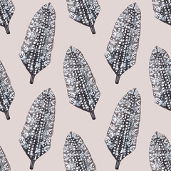 Seamless pattern watercolor black bird feather with stripe on gray background. Hand-drawn plume. Wildlife tropic art. Creative art for sticker wallpaper wrapping textile. Celebration wedding invite