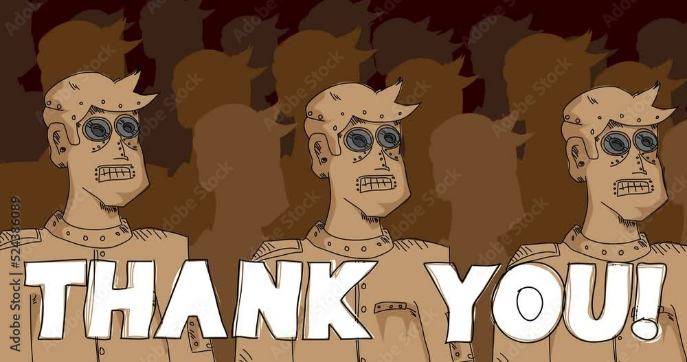 Poster robot army with thank you text. line art animated video. future robotics cartoon animation.