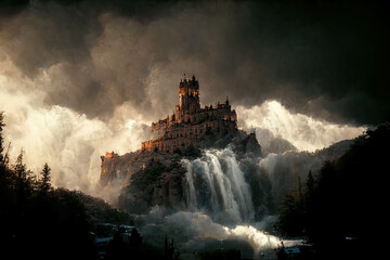 Fototapeta premium Painting of a castle on top of a mountain above a waterfall.