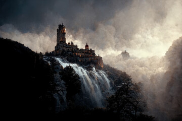 Painting of a castle on top of a mountain above a waterfall.