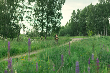 Attractive woman on the road in a summer field among Lupinus flowers. Front view.