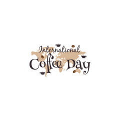 Fototapeta premium Logo Happy coffee day lettering poster decorated with coffee beans Hand sketch design as coffee day banner vector illustration design