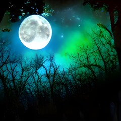 Fototapeta na wymiar Path in dark fairy tale forest with big full moon glowing at night
