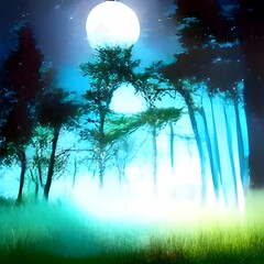 Bright moon over magical dark fairy tale forest at night as illustration