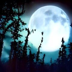 Bright moon over magical dark fairy tale forest at night as illustration