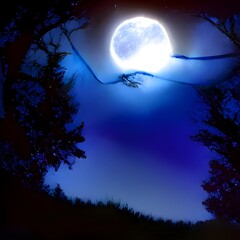 Dark enchanted photo of a full moon in the trees branches background. Blue fairy-tale colors