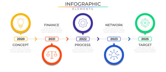 Timeline five steps infographic elements concept design vector with icons. Business workflow network project template for presentation and report.