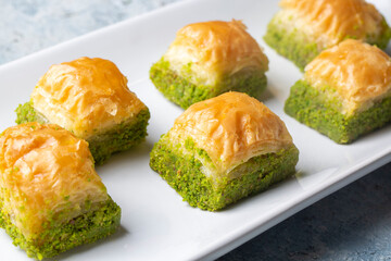 Traditional delicious Turkish dessert; pistachio baklava (Turkish name; kuru baklava)