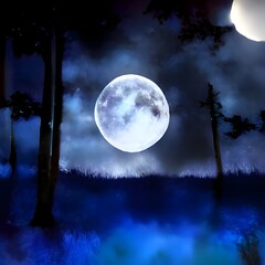 Fototapeta na wymiar full moon on a mystical forest lake at night