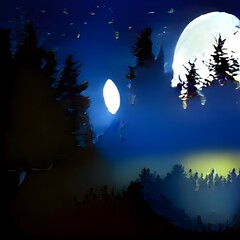 Full moon over the spruce trees of magic mystery night forest. Halloween backdrop.