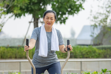 Old Asian woman exercise outdoor, Asian woman happy retirement