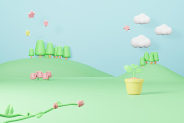Cartoon Cute Background 3D illustration Rendering, Tree tulip flower plant pot and Cloud pastel color