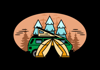 Camping with tent and car illustration design