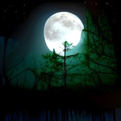 Fototapeta na wymiar Night Coniferous Forest. Magic Woods. Moonlight and Fog. Nature, Mystery and Fairy Tale Space. illustration