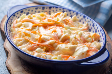 Coleslaw salad close up on a bowl. Cabbage, carrot salad. (Turkish name; lahana salatasi)