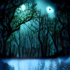 A magical night landscape with a fantasy forest, dark trees, a moon with rays of light, sky, clouds, paradise, luminous stars, an evening beautiful nature backdrop like a panorama. illustration
