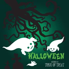 Foto auf Alu-Dibond Happy Halooween with green color background and ghost, dry branches and graves . Vector Illustration. File Eps 8 © dovan
