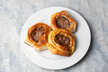 Traditional delicious Turkish foods; Kaytaz pastry with minced meat of Turkey Hatay - Antakya region (Turkish name; Kaytaz boregi)