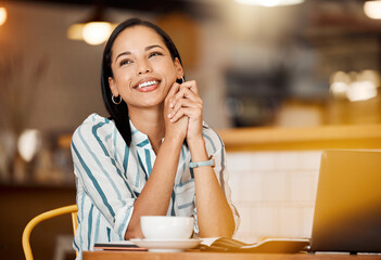 Thinking, smiling and happy young woman remote online employee day dreaming in a coffee shop....