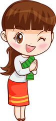 cute thai traditional woman sawasdee in cartoon character