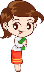 cute thai traditional woman sawasdee in cartoon character