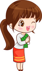 cute thai traditional woman sawasdee in cartoon character
