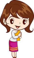 cute thai traditional woman sawasdee in cartoon character