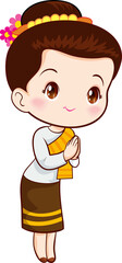 cute thai traditional woman sawasdee in cartoon character