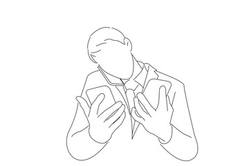 Cartoon of stressed businessman talking on many phones at once. Line art style