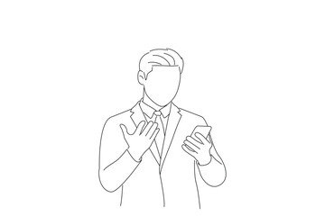 Illustration of frustrated businessman looking at phone, man got bad news. Outline drawing style art
