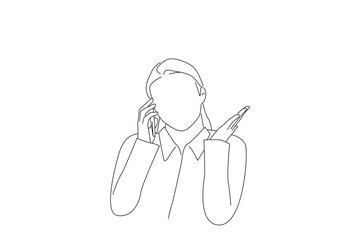 Cartoon of upset unpleasantly surprised business woman making phone call, disputing, complaining. One line art