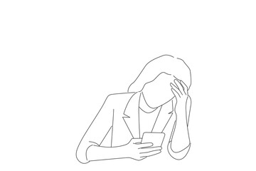 Illustration of confused young businesswoman looking at smartphone screen, feeling depressed. Line art style